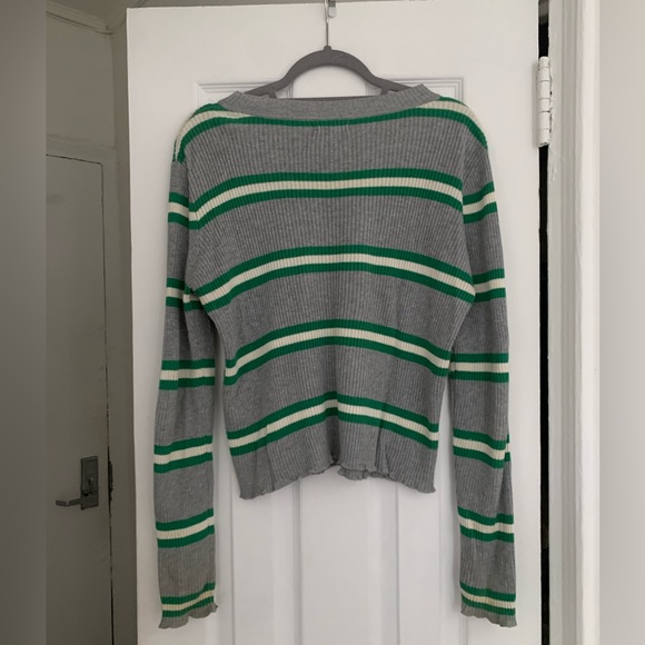 BP Ribbed Lettuce Edge Long Sleeve Striped Sweater Green Gray Size Medium M - Picture 3 of 5